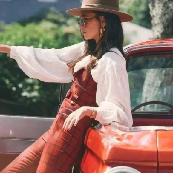 WE WORE WHAT Women's Moto Overalls Plaid Pompeian Red SMALL - Picture 4 of 5